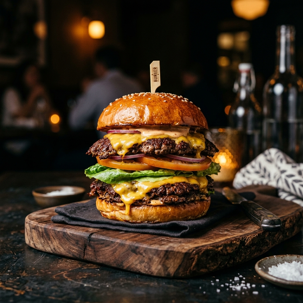 Gourmet Smashed Burger on Wood Slab