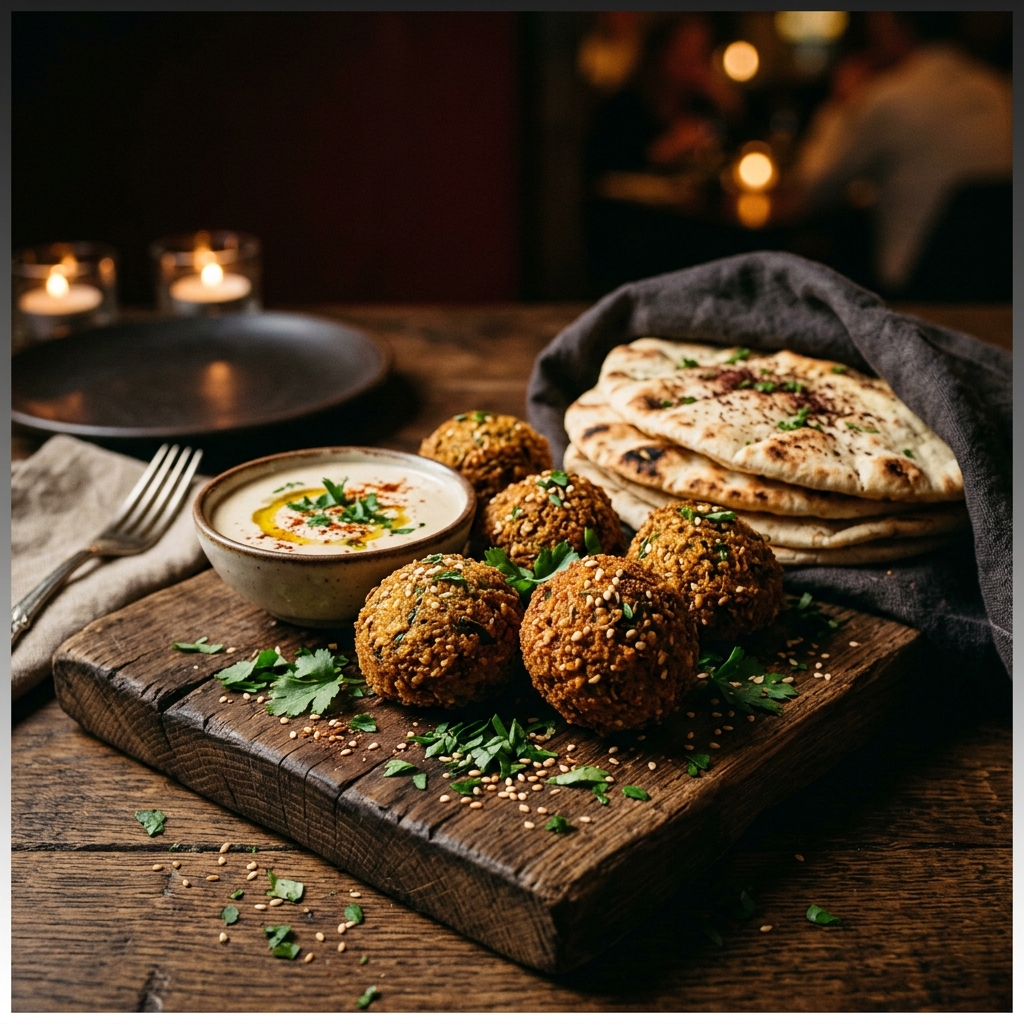 Crispy Falafel on Wood Slab