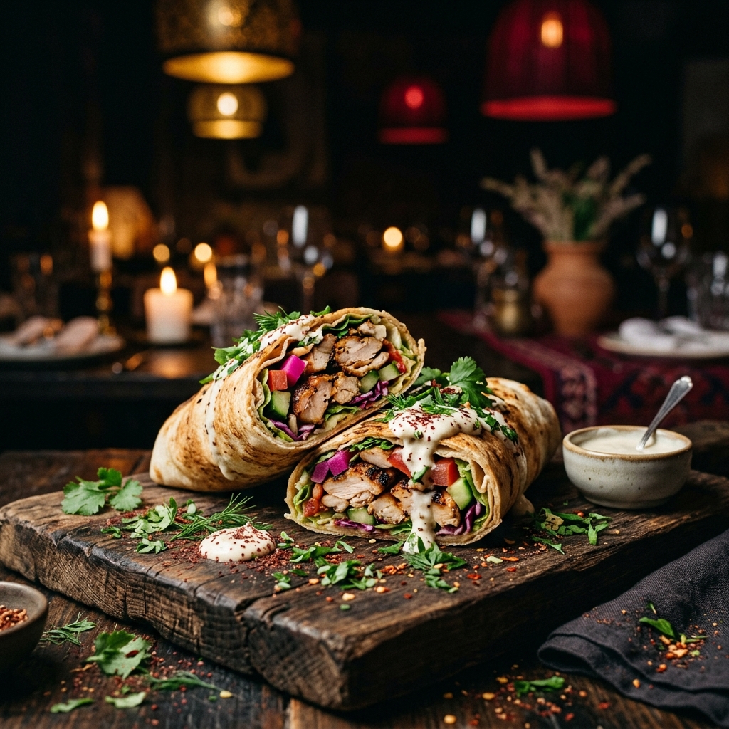 Chicken Shawarma Wrap on Wood Slab